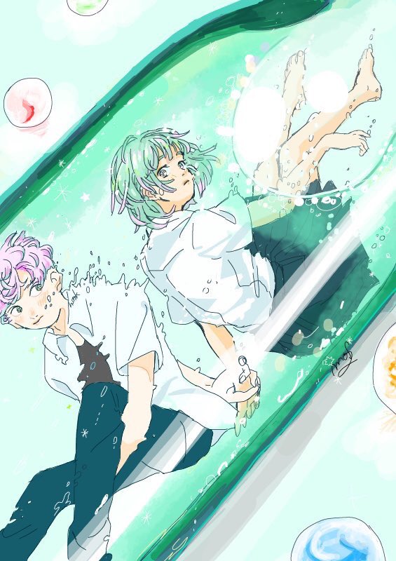 1boy 1girl barefoot black_pants black_skirt bubble collared_shirt feet_out_of_frame green_hair holding_hands kaorkto medium_hair original pants pink_hair pleated_skirt ramune shirt short_hair short_sleeves signature skirt white_shirt