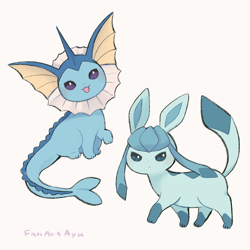 :3 :d ayu_(mog) bright_pupils gen_1_pokemon gen_4_pokemon glaceon looking_at_viewer no_humans open_mouth pokemon pokemon_(creature) signature simple_background smile standing_on_three_legs vaporeon violet_eyes white_background