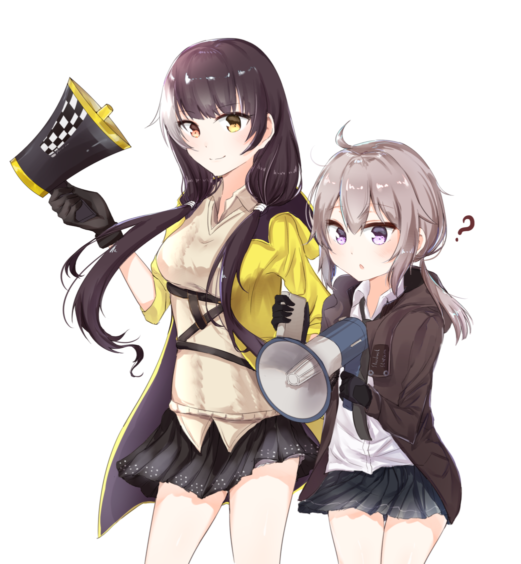 2girls ? ahoge artist_request black_hair chinese_commentary commentary_request girls_frontline gloves grey_hair heterochromia jacket m200_(girls_frontline) megaphone multicolored_hair multiple_girls necktie pleated_skirt red_eyes ro635_(girls_frontline) skirt smile two-tone_hair violet_eyes white_hair yellow_eyes