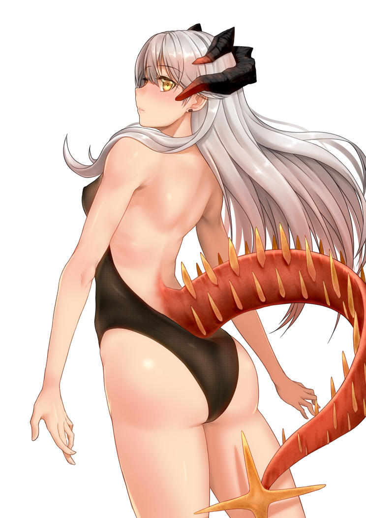 1girl arknights ass backless_leotard backless_outfit bangs bare_arms bare_back bare_shoulders black_leotard blush breasts commentary_request cowboy_shot earrings eyebrows_visible_through_hair from_behind hair_between_eyes horns jewelry leotard long_hair looking_at_viewer looking_back saria_(arknights) silver_hair simple_background small_breasts solo standing tail thighs white_background yamauchi_(conan-comy) yellow_eyes