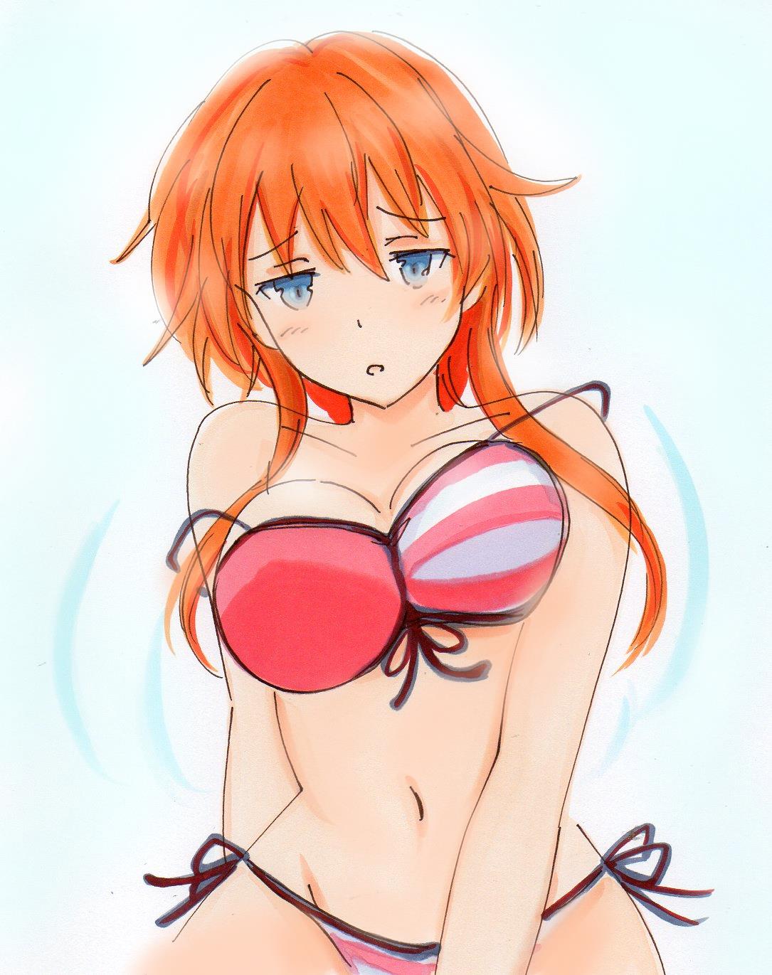 1girl bikini blue_eyes blush breasts collarbone commentary_request cowboy_shot date_a_live embarrassed eyebrows_visible_through_hair hair_between_eyes highres marker_(medium) medium_breasts navel open_mouth orange_hair potekite red_bikini side-tie_bikini solo striped striped_bikini swimsuit traditional_media wardrobe_malfunction yamai_yuzuru