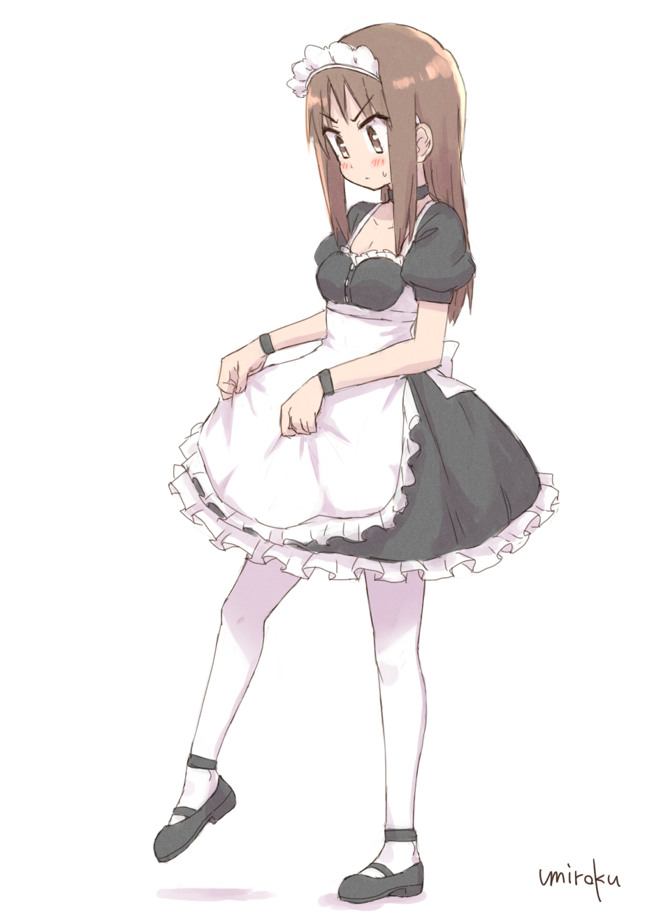 1girl adjusting_clothes alternate_costume apron artist_name black_footwear blush brown_eyes brown_hair choker commentary_request enmaided eyebrows_visible_through_hair frilled_apron frilled_skirt frills from_side full_body highres leg_lift long_hair maid maid_apron maid_headdress okano_kei pantyhose puffy_sleeves shoes short_sleeves skirt solo sweatdrop umiroku v-shaped_eyebrows white_apron white_background white_legwear yuyushiki