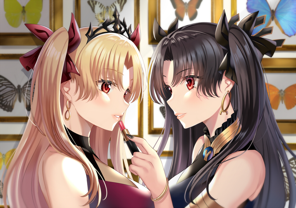 2girls bangs bare_shoulders black_hair black_nails blonde_hair blush breasts bug butterfly commentary_request earrings ereshkigal_(fate/grand_order) eyebrows_visible_through_hair fate/grand_order fate_(series) from_side hair_ornament hair_ribbon harimoji holding_lipstick_tube insect ishtar_(fate)_(all) ishtar_(fate/grand_order) jewelry large_breasts lipstick long_hair looking_at_another makeup multiple_girls parted_bangs parted_lips red_eyes ribbon smile tiara two_side_up