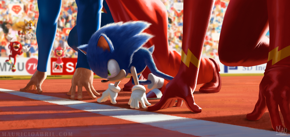 amy_rose blurry blurry_background bodysuit cape crossover crowd dc_comics gloves jumping knuckles_the_echidna mauricio_abril out_of_frame red_cape serious sonic sonic_the_hedgehog spiky_hair starting_position superhero superman tails_(sonic) the_flash white_gloves