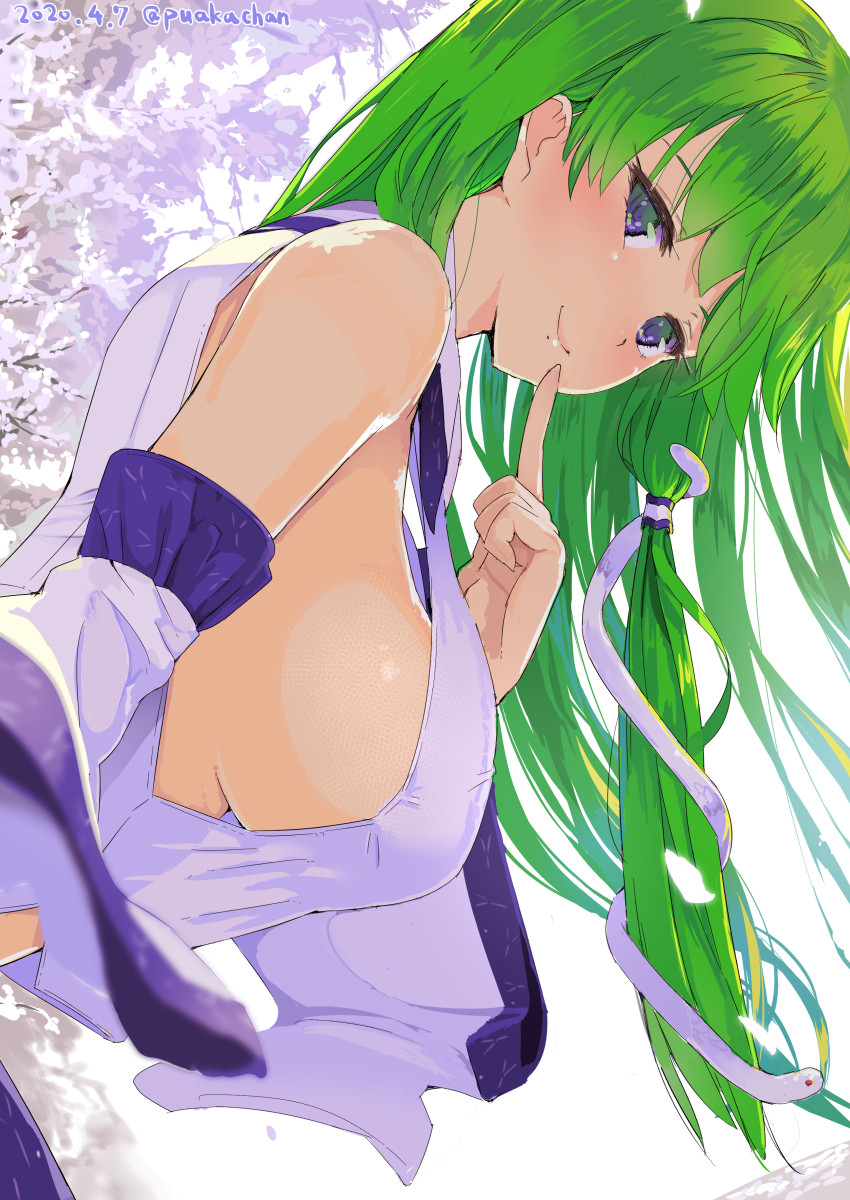 1girl artist_name backlighting bangs bare_shoulders blue_eyes blush breasts commentary_request dated detached_sleeves finger_to_mouth flower from_side green_hair hair_ornament hand_up hanging_breasts highres kochiya_sanae large_breasts leaning_forward long_hair looking_at_viewer looking_to_the_side mole mole_under_mouth plum_blossoms puuakachan shirt sideboob simple_background smile snake_hair_ornament solo touhou twitter_username upper_body white_background white_shirt wide_sleeves