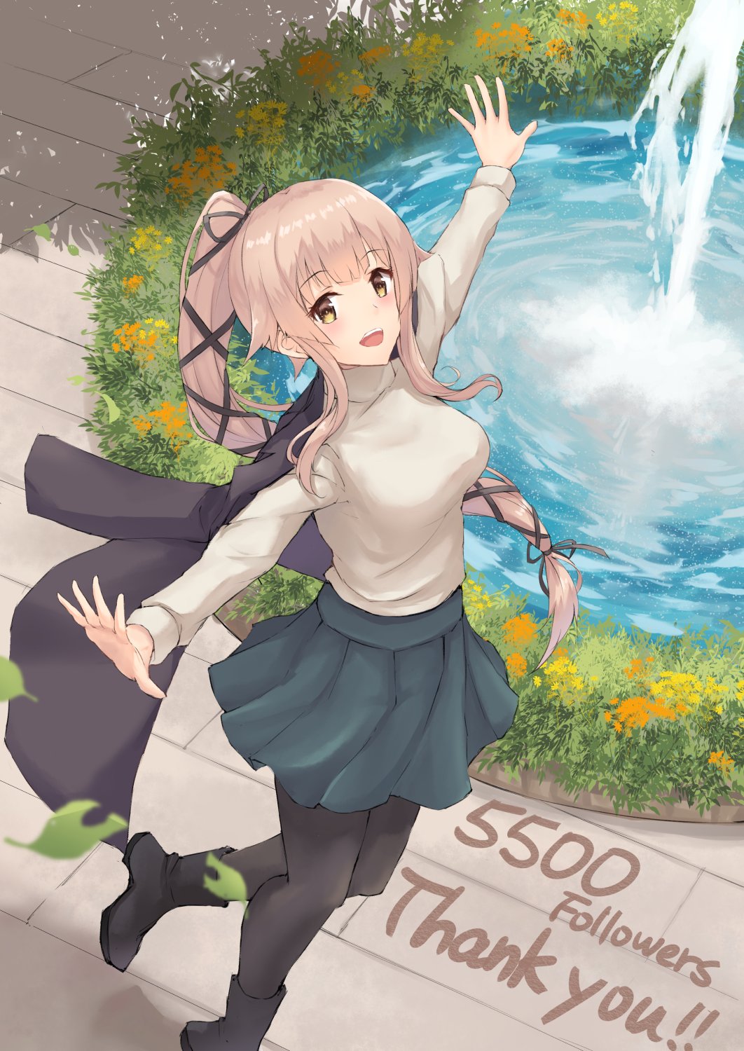 1girl alternate_costume beige_sweater black_footwear black_legwear boots brown_eyes flower followers fountain full_body grey_jacket grey_skirt hair_ribbon highres jacket jacket_on_shoulders k_jie kantai_collection long_hair looking_at_viewer outstretched_arms pink_hair pleated_skirt ponytail ribbon skirt solo thank_you very_long_hair yura_(kantai_collection)