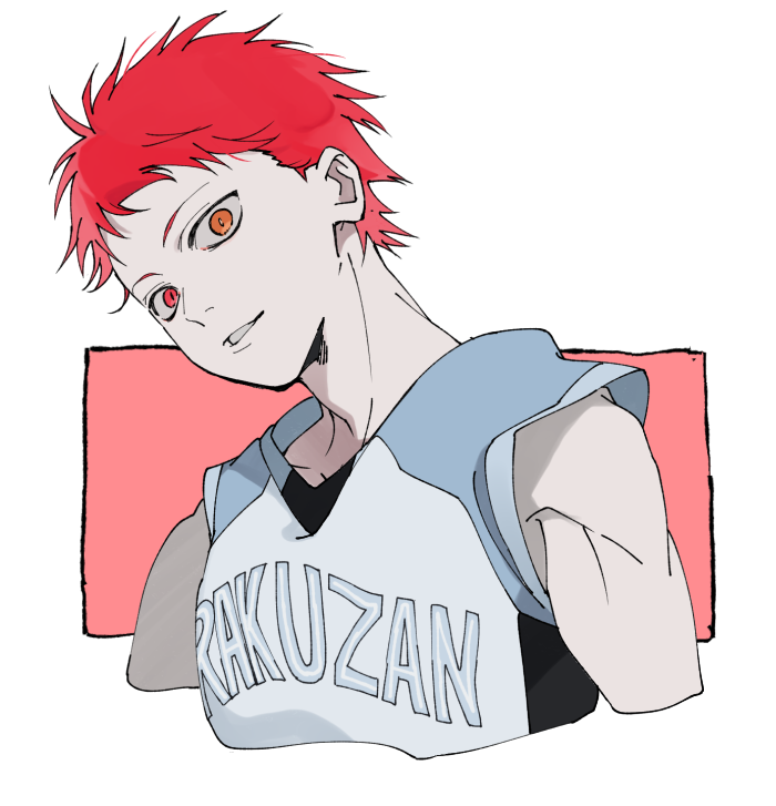 1boy akashi_seijuurou bad_id bad_pixiv_id gym_uniform heterochromia kuroko_no_basuke looking_at_viewer male_focus mochida64 orange_eyes parted_lips red_eyes redhead shirt short_sleeves simple_background solo uniform upper_body white_background