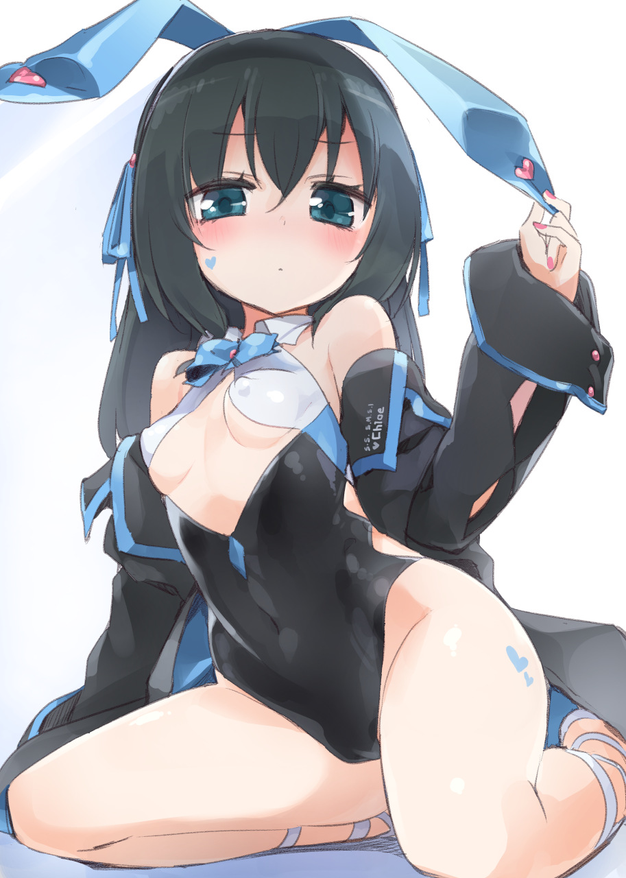 1girl animal_ears bangs bare_shoulders black_hair blue_eyes breasts bunny_girl bunnysuit commentary_request covered_nipples detached_collar detached_sleeves eyebrows_visible_through_hair fake_animal_ears full_body hair_ribbon highres homura_subaru leotard long_hair looking_at_viewer nail_polish original pink_nails rabbit_ears ribbon side-tie_leotard sitting small_breasts strapless strapless_leotard wrist_cuffs