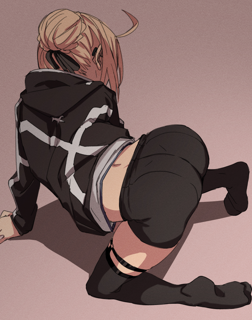 1girl ahoge all_fours artoria_pendragon_(all) ass bent_over black_legwear braid fate/grand_order fate_(series) french_braid from_above fu-ta glasses hair_ribbon hood hood_down hooded_jacket hoodie jacket long_sleeves mysterious_heroine_x_(alter) ribbon solo thigh-highs thigh_strap