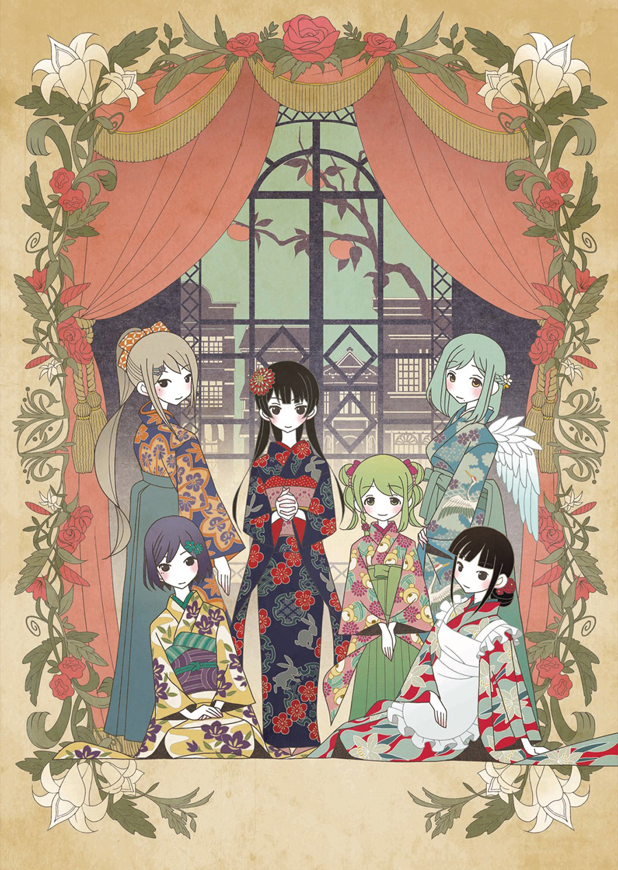 6+girls apron aqua_hair black_hair bow brown_eyes building curtains flower frilled_apron frills green_hair hair_bow hair_bun hair_flower hair_ornament hair_ribbon hairclip hakama high_ponytail highres higuchi_kaede japanese_clothes kimono kumeta_kouji light_brown_hair lily_(flower) long_hair looking_at_viewer medium_hair moira_(nijisanji) mole mole_under_eye mole_under_mouth morinaka_kazaki multiple_girls nijisanji official_art purple_hair red_flower red_rose ribbon rose shizuka_rin short_hair sitting standing suzuka_utako tied_hair tsukino_mito white_apron wide_sleeves window