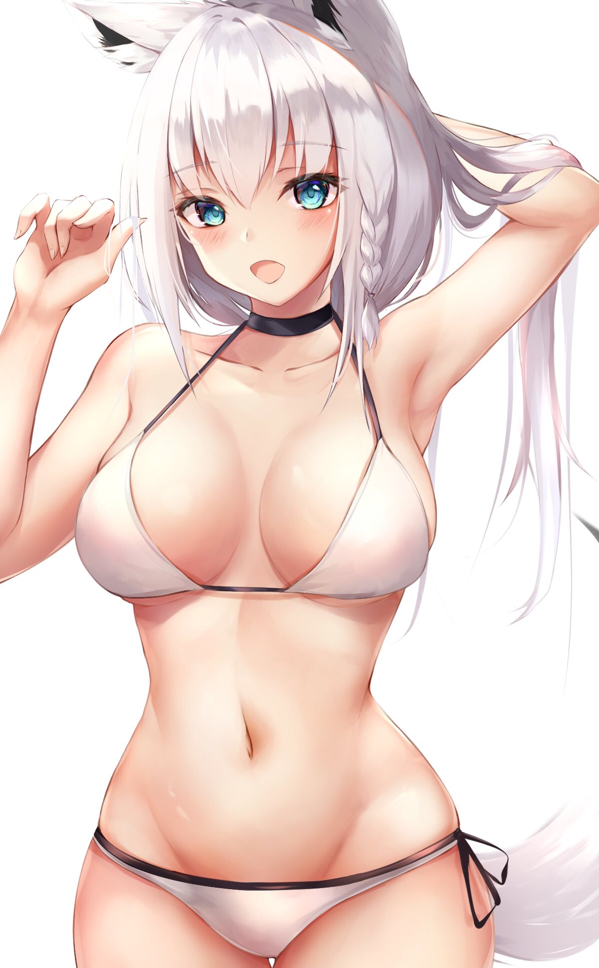 1girl :d animal_ears arm_up armpits bare_arms bare_shoulders bikini blue_eyes braid breasts breasts_apart choker collarbone commentary_request cowboy_shot fox_ears fox_girl fox_tail groin halter_top halterneck hand_up highres hololive kisaki_oni large_breasts long_hair looking_at_viewer navel open_mouth shirakami_fubuki side-tie_bikini silver_hair simple_background skindentation smile solo stomach swimsuit tail virtual_youtuber white_background white_bikini