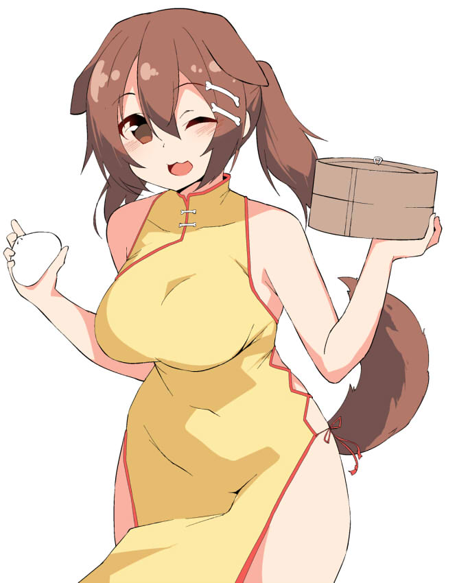 1girl animal_ears bangs baozi bare_shoulders blush bone_hair_ornament breasts brown_eyes brown_hair china_dress chinese_clothes cowboy_shot dog_ears dog_girl dog_tail dress food hair_between_eyes holding holding_food hololive inugami_korone large_breasts long_hair looking_at_viewer one_eye_closed open_mouth ponytail smile tail tera_zip thighs virtual_youtuber yellow_dress