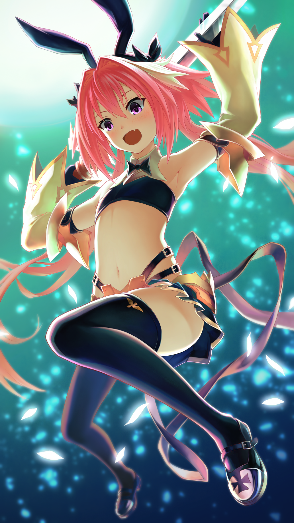 1boy armpits arms_up astolfo_(fate) astolfo_(saber)_(fate) backlighting bangs bare_shoulders belt black_bow black_footwear black_gloves black_legwear black_ribbon black_skirt blush bow bowtie crop_top detached_sleeves fang fate/grand_order fate_(series) faulds gloves gradient gradient_background hair_between_eyes hair_bow hair_intakes hair_ribbon highres legs long_hair long_sleeves looking_at_viewer low_twintails male_focus midriff miniskirt multicolored_hair navel open_mouth otoko_no_ko pink_hair revision ribbon skirt smile solo streaked_hair sword thigh-highs thighs twintails violet_eyes weapon white_hair wide_sleeves yoka1chi