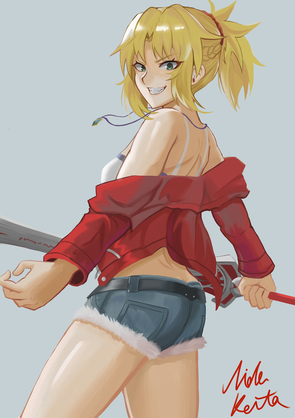 1girl artist_name ass bangs blonde_hair braid breasts commentary_request denim denim_shorts eyebrows_visible_through_hair fang fate/apocrypha fate_(series) from_behind fur_trim green_eyes grey_background grin hair_ornament hair_scrunchie highres holding holding_sword holding_weapon jacket jewelry long_hair long_sleeves looking_at_viewer mordred_(fate) mordred_(fate)_(all) necklace nida_keita off-shoulder_jacket ponytail red_jacket red_scrunchie scrunchie shorts simple_background smile solo sword weapon