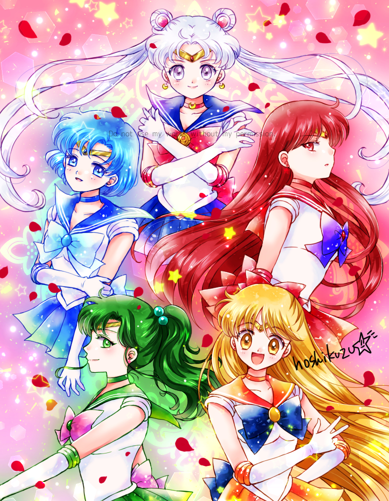 5girls :d aino_minako alternate_eye_color alternate_hair_color back_bow bishoujo_senshi_sailor_moon blonde_hair blue_bow blue_hair blue_neckwear blue_sailor_collar blue_skirt bow brooch choker circlet collarbone crescent crescent_choker crescent_earrings double_bun earrings elbow_gloves gloves green_eyes green_hair green_neckwear green_sailor_collar green_skirt hair_bobbles hair_bow hair_ornament hairpin hino_rei hoshikuzu_(milkyway792) inner_senshi jewelry kino_makoto long_hair looking_at_viewer magical_girl mizuno_ami multiple_girls open_mouth orange_eyes orange_neckwear orange_sailor_collar orange_skirt petals pink_background pink_bow pleated_skirt ponytail profile purple_bow red_bow red_eyes red_neckwear red_sailor_collar red_skirt redhead repost_notice sailor_collar sailor_jupiter sailor_mars sailor_mercury sailor_moon sailor_senshi sailor_senshi_uniform sailor_venus short_hair signature skirt smile star star_earrings tsukino_usagi twintails v white_eyes white_gloves white_hair