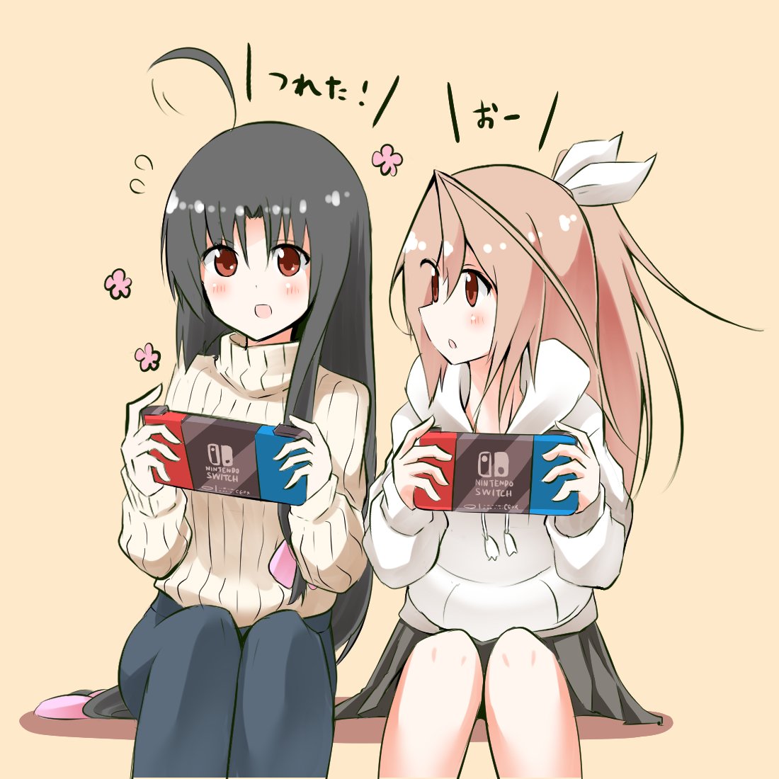 2girls ahoge alternate_costume beige_sweater black_hair blue_pants brown_eyes casual commentary_request grey_skirt hair_ribbon hood hooded_sweater kantai_collection long_hair looking_at_another low-tied_long_hair multiple_girls nintendo_switch pants pia_(botamochinjufu) pink_background pink_hair ponytail ribbed_sweater ribbon shouhou_(kantai_collection) simple_background sitting skirt sweater turtleneck turtleneck_sweater white_ribbon white_sweater zuihou_(kantai_collection)
