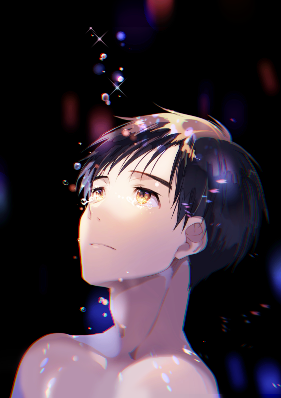 1boy adam's_apple alternate_color alternate_eye_color arms_at_sides backlighting bare_shoulders black_hair blurry bokeh chromatic_aberration close-up closed_mouth collarbone colorful crying crying_with_eyes_open dark_background depth_of_field expressionless face flying_teardrops katsuki_yuuri kuroemon light_particles looking_up male_focus pale_skin shaded_face shiny shiny_hair simple_background sparkle sparkling_eyes spotlight tears upper_body yellow_eyes yuri!!!_on_ice