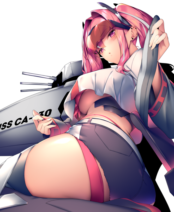 1girl ass azur_lane belt bikini black_shorts breasts bremerton_(azur_lane) commentary_request crop_top crop_top_overhang eyewear_on_head headgear huge_breasts jacket large_breasts machinery multicolored_hair open_mouth pink_eyes pink_hair red-tinted_eyewear red_bikini rigging ryuji_(ikeriu) short_shorts shorts sitting streaked_hair swimsuit thigh-highs thighs two_side_up under_boob white_belt