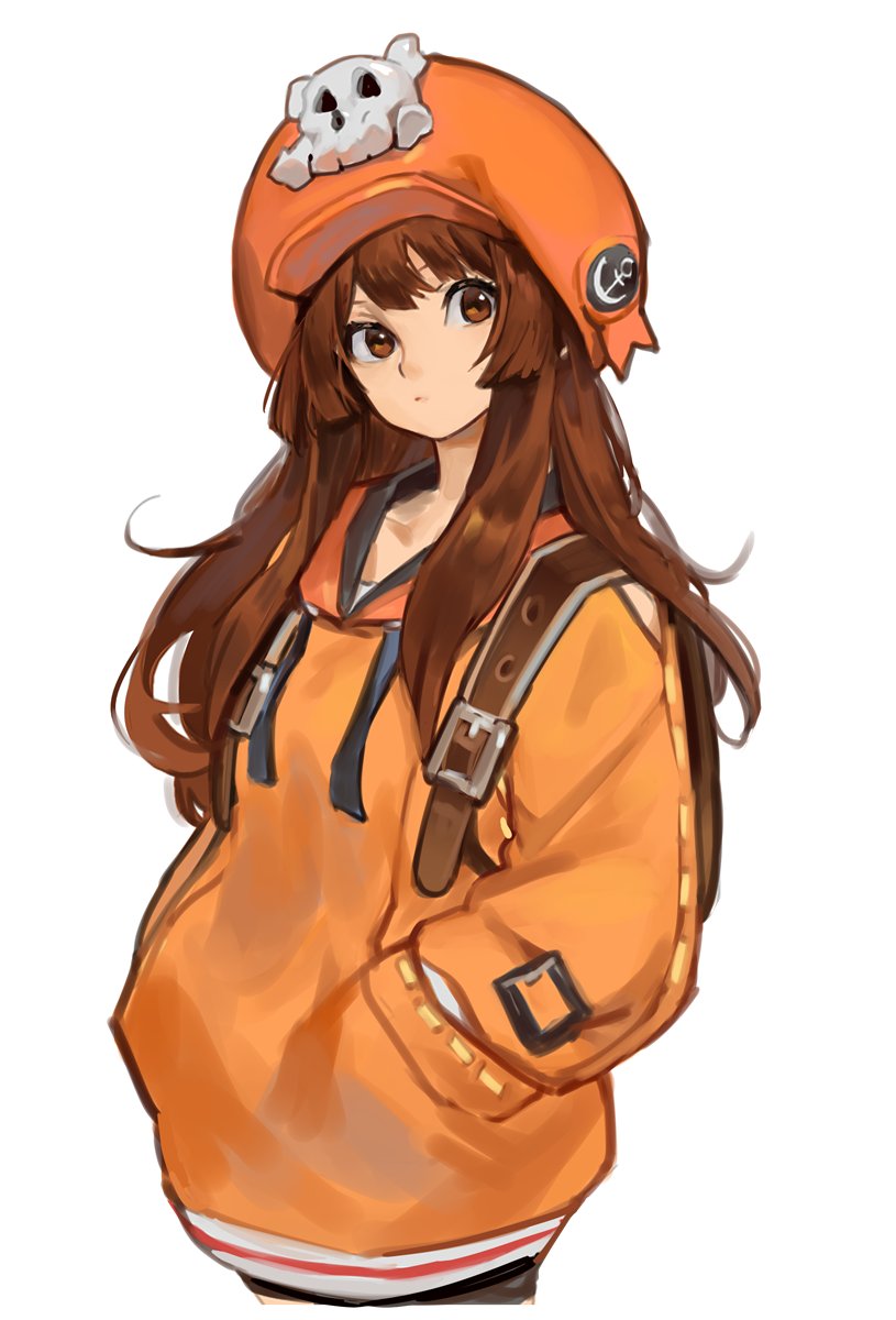 1girl backpack bag belt_buckle brown_background brown_eyes brown_hair buckle closed_mouth guilty_gear guilty_gear_strive hands_in_pockets hat highres hood hood_down hoodie long_hair may_(guilty_gear) orange_headwear orange_hoodie simple_background skull solo standing uncle_rabbit_ii white_background