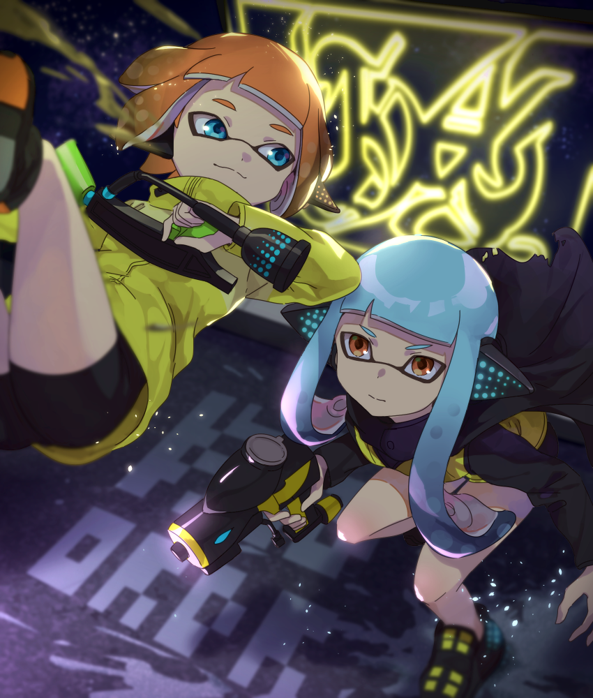 2girls annotated aqua_eyes aqua_hair background_text bangs bike_shorts black_cape black_footwear black_shirt black_shorts blunt_bangs cape closed_mouth commentary domino_mask english_text gun headgear hero_dualies_(splatoon) hero_shot_(splatoon) holding holding_gun holding_weapon inkling jacket jumping light_frown light_particles long_hair long_sleeves looking_at_another mask multiple_girls neon_lights orange_eyes orange_hair shirt shoes short_hair shorts smile sneakers splatoon_(series) splatoon_1 splatoon_2 splatoon_2:_octo_expansion squidbeak_splatoon standing takeko_spla tentacle_hair torn_cape torn_clothes upside-down vest weapon yellow_jacket yellow_vest