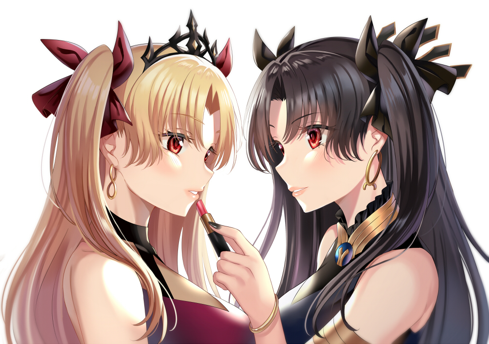2girls bangs bare_shoulders black_hair black_nails blonde_hair blush breasts bug butterfly commentary_request earrings ereshkigal_(fate/grand_order) eyebrows_visible_through_hair fate/grand_order fate_(series) from_side hair_ornament hair_ribbon harimoji holding_lipstick_tube insect ishtar_(fate)_(all) ishtar_(fate/grand_order) jewelry large_breasts lipstick long_hair looking_at_another makeup multiple_girls parted_bangs parted_lips red_eyes ribbon simple_background smile tiara two_side_up white_background