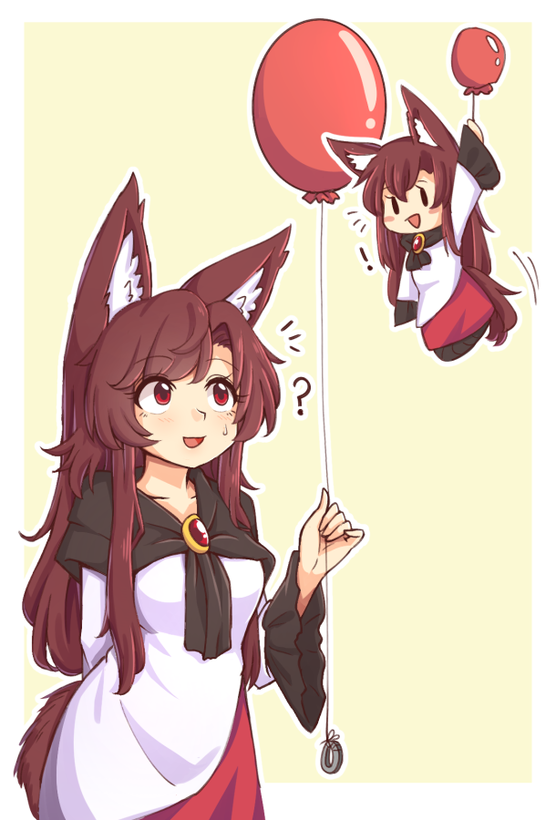 ! 2girls :d ? animal_ear_fluff animal_ears arm_behind_back balloon bangs beige_background birthday blush blush_stickers border brooch brown_hair commentary dress dual_persona english_commentary eyebrows_visible_through_hair holding holding_balloon imaizumi_kagerou jewelry long_hair long_sleeves looking_at_another looking_up minigirl multiple_girls open_mouth outline outside_border red_eyes simple_background smile sweat tail thank_you touhou upper_body white_border white_dress white_outline wide_sleeves wolf_ears wolf_tail wool_(miwol)