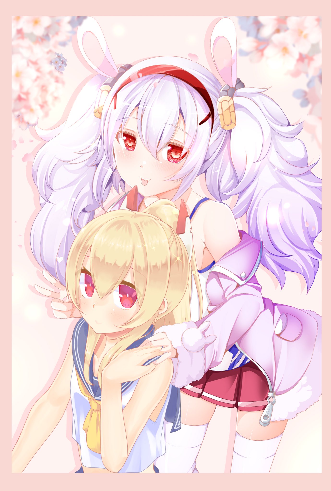 2girls animal_ears ayanami_(azur_lane) azur_lane bangs bare_arms blue_sailor_collar blush border camisole cherry_blossoms closed_mouth commentary_request crop_top eyebrows_visible_through_hair fake_animal_ears flower hand_on_another's_shoulder headgear highres hujikok jacket laffey_(azur_lane) light_brown_hair long_hair long_sleeves looking_at_another looking_at_viewer multiple_girls neckerchief pink_background pink_border pink_jacket pleated_skirt ponytail rabbit_ears red_eyes red_skirt sailor_collar skirt sleeveless smile thigh-highs tongue tongue_out twintails v white_hair white_legwear zettai_ryouiki zipper