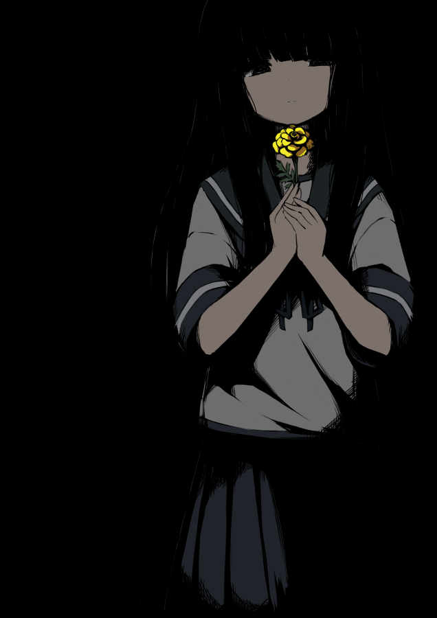 1girl bangs black_background black_eyes black_hair blunt_bangs closed_mouth dark_background empty_eyes expressionless flower grey_serafuku grey_skirt hands_up hatsuyuki_(kantai_collection) holding holding_flower inu_(inu2inu) kantai_collection long_hair looking_at_viewer looking_down marigold muted_color neck_ribbon ribbon sailor_collar school_uniform serafuku shadow short_sleeves simple_background skirt solo standing yellow_flower