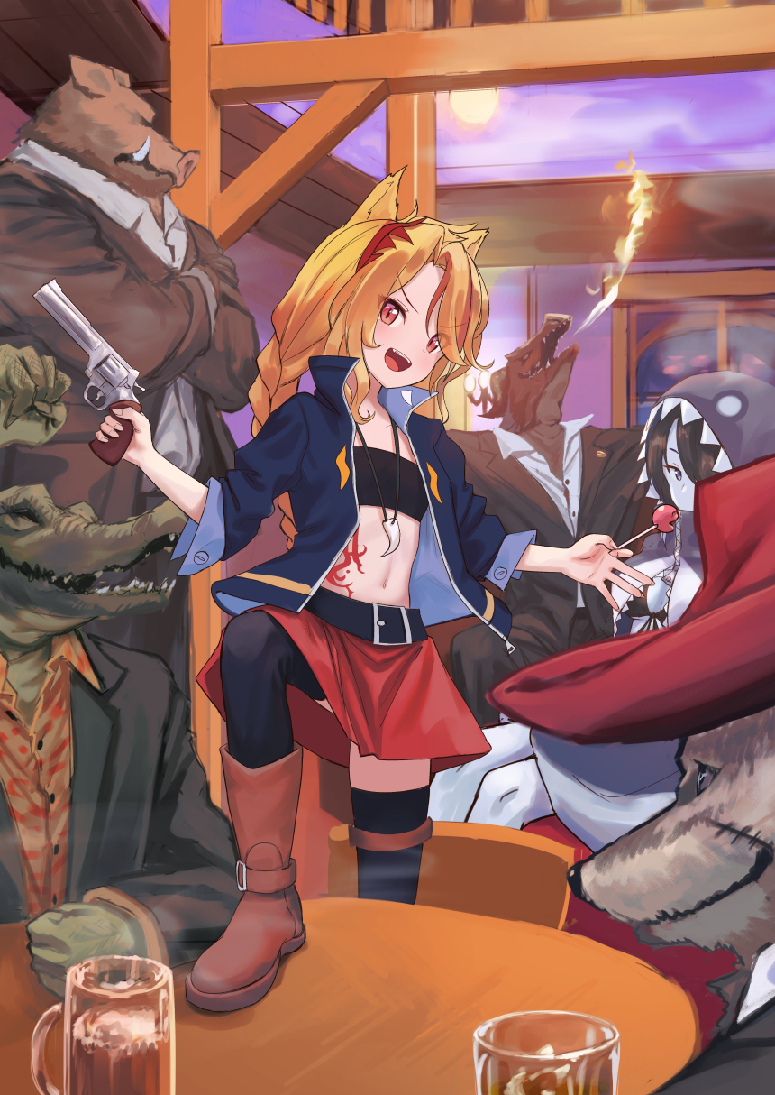 2girls 4others :d animal_ears bandeau belt black_legwear blue_jacket boots braid breasts candy cat_ears cup drinking_glass fire food gun handgun highres holding holding_gun holding_weapon jacket jewelry lollipop long_hair long_sleeves looking_at_viewer midriff miniskirt multicolored_hair multiple_girls multiple_others navel necklace open_clothes open_jacket open_mouth orange_hair original pale_skin red_eyes red_skirt revolver roke_(taikodon) single_braid skirt small_breasts smile stomach streaked_hair table tattoo thigh-highs v-shaped_eyebrows weapon zettai_ryouiki
