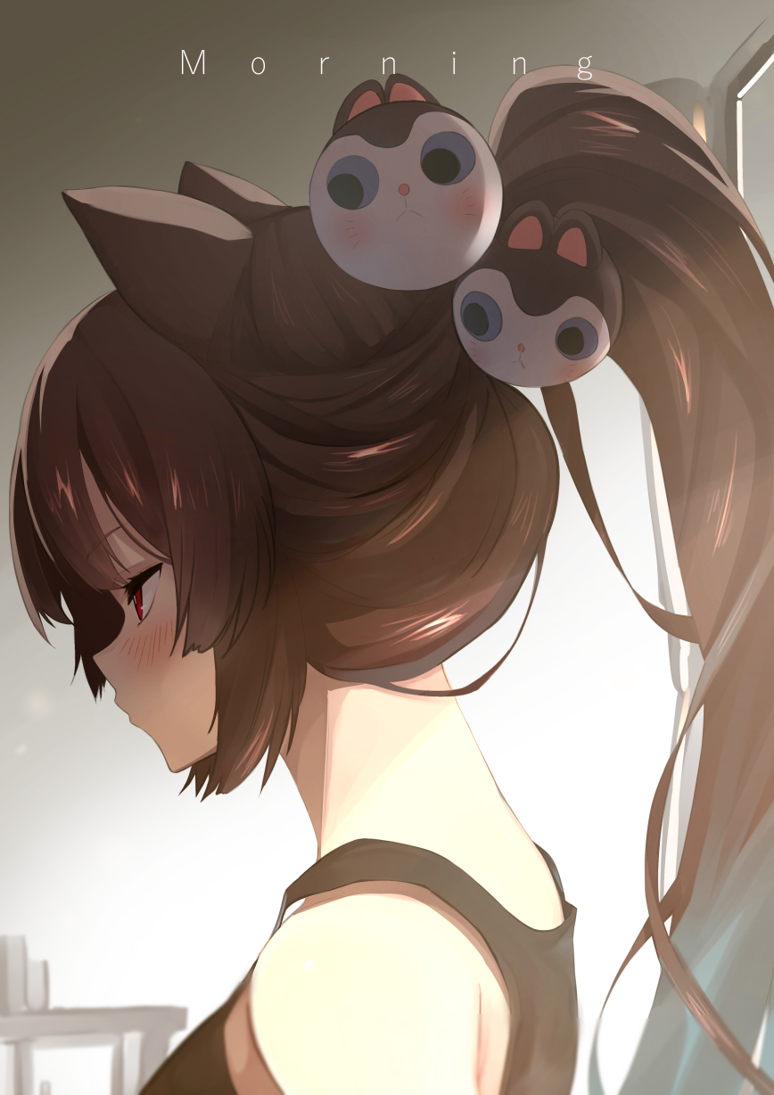 1girl animal_ears bare_shoulders black_shirt blush commentary dog_ears dog_girl dog_hair_ornament english_text from_side hair_ornament highres inui_toko long_hair morning nijisanji nuezou parted_lips ponytail red_eyes shirt sleeveless sunlight table upper_body virtual_youtuber waking_up