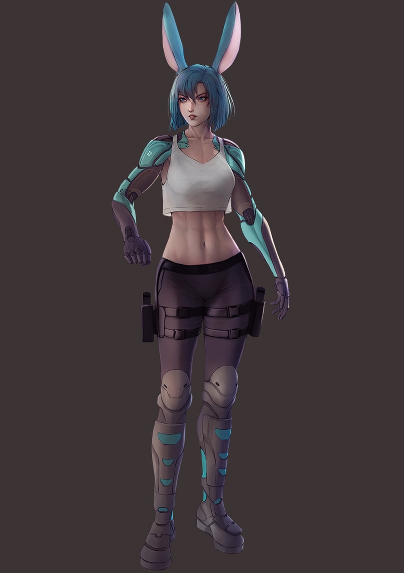 1girl animal_ears bangs blue_eyes blue_hair boots brown_background commission cyberpunk cyborg facing_viewer final_fantasy final_fantasy_xiv full_body holster mechanical_arm midriff parted_lips rabbit_ears short_hair solo tank_top thigh_holster viera vincent_andrada