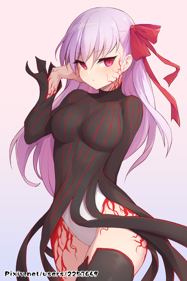 1girl arm_behind_back black_dress black_legwear body_markings breasts corruption dark_persona dark_sakura dress fate/stay_night fate_(series) gradient gradient_background hand_in_hair highleg highleg_leotard large_breasts leotard long_hair long_sleeves matou_sakura purple_hair revision solo thigh-highs violet_eyes waero white_leotard