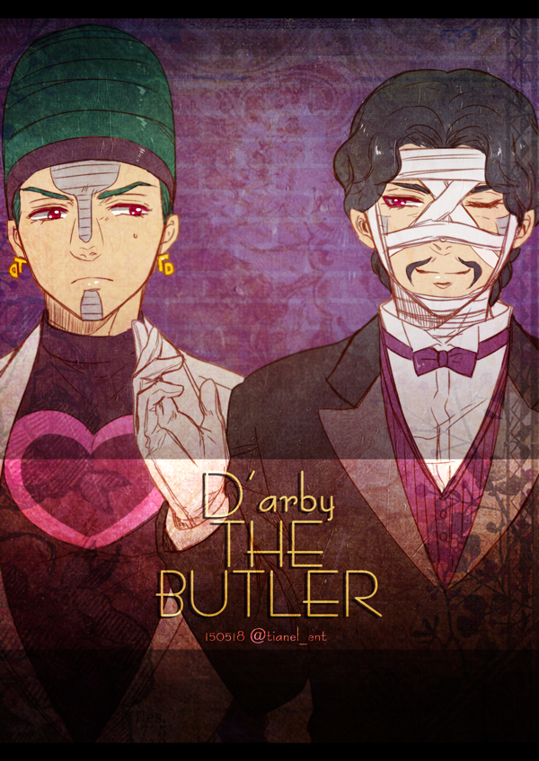 2boys bandaged_head bandages beehive_hairdo bow bowtie brothers daniel_j._d'arby earrings facial_hair facial_mark gloves green_hair headband jewelry jojo_no_kimyou_na_bouken male_focus multiple_boys mustache one_eye_closed red_eyes siblings smile stardust_crusaders sweat terence_t._d'arby tianel_ent vest waistcoat white_gloves