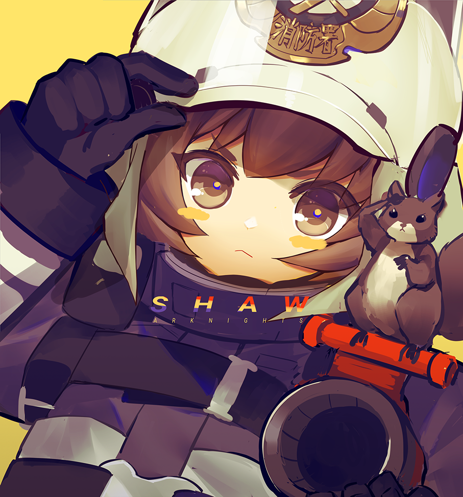 1girl adjusting_headwear animal_on_shoulder arknights black_gloves blush_stickers brown_eyes brown_hair character_name coat copyright_name english_text firefighter gloves helmet hose k.k_(pixiv) looking_at_viewer shaw_(arknights) short_hair simple_background solo squirrel strap upper_body white_helmet yellow_background