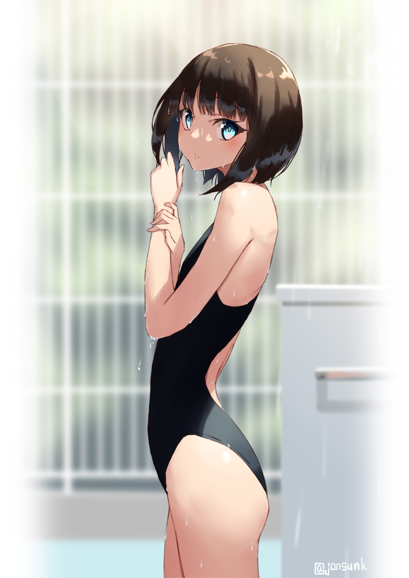 1girl black_hair black_swimsuit blue_eyes bob_cut commentary_request competition_swimsuit cowboy_shot fence flat_chest jonsun looking_at_viewer one-piece_swimsuit original short_hair solo standing swimsuit wet