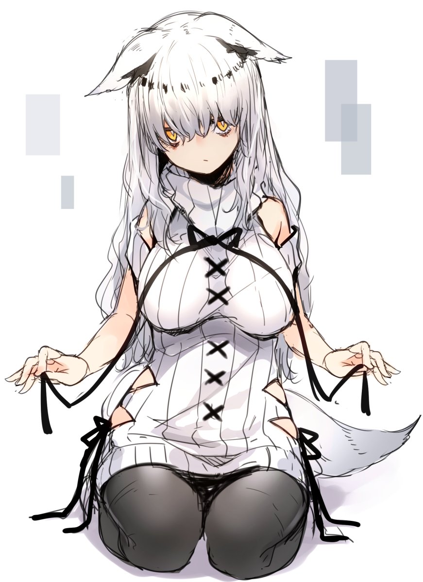 1girl animal_ears bangs bare_shoulders black_legwear breasts expressionless highres looking_at_viewer original otokuyou seiza sitting solo sweater tail turtleneck turtleneck_sweater white_hair yellow_eyes