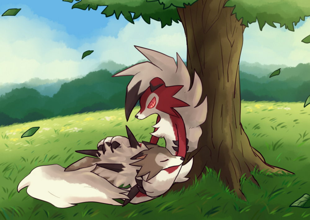 blue_sky closed_eyes clouds cloudy_sky creature full_body gen_7_pokemon grass hug leaf looking_at_another lycanroc lycanroc_(midday) lycanroc_(midnight) lying no_humans on_lap on_stomach outdoors pokemon pokemon_(creature) pokemon_on_lap red_eyes shiwo_(siwosi) sitting sky tree wind