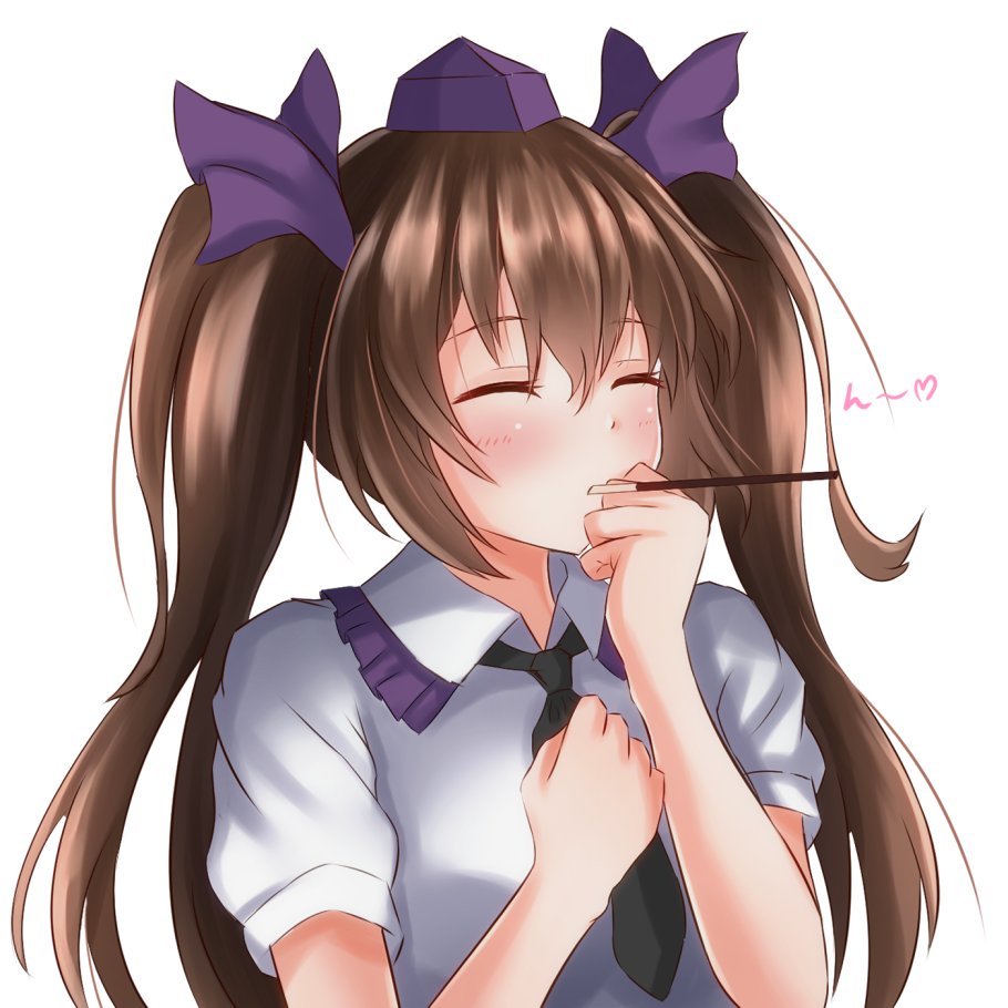 1girl arms_up black_neckwear blush brown_hair clenched_hands closed_eyes eyebrows_visible_through_hair food hair_between_eyes hair_ribbon hand_on_own_chest hand_on_own_face hat himekaidou_hatate long_hair mouth_hold necktie pocky pocky_kiss puffy_short_sleeves puffy_sleeves purple_headwear ribbon shiranui_(wasuresateraito) shirt short_sleeves simple_background solo tokin_hat touhou two_side_up upper_body white_background white_shirt