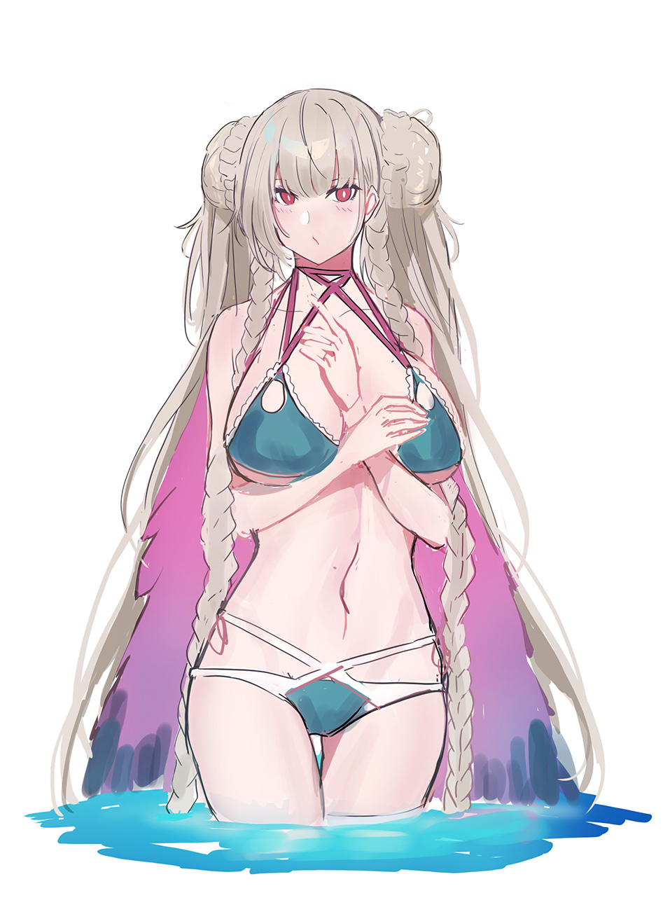 1girl azur_lane blonde_hair blue_swimsuit blush breasts collarbone echj formidable_(azur_lane) formidable_(the_lady_of_the_beach)_(azur_lane) hair_ornament highres large_breasts long_hair looking_at_viewer red_eyes solo swimsuit very_long_hair water white_background