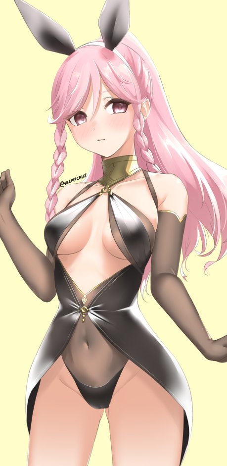 1girl animal_ears ass_visible_through_thighs braid breasts covered_navel elbow_gloves fake_animal_ears fire_emblem fire_emblem_awakening gloves long_hair olivia_(fire_emblem) pink_eyes pink_hair ponytail rabbit_ears simple_background skeptycally solo twin_braids twitter_username yellow_background
