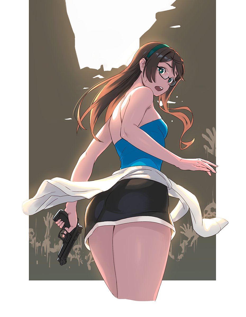 1girl alternate_costume ass back bangs bare_arms bare_shoulders beretta_92 black_hair blue_eyes blush breasts clothes_around_waist commentary_request cosplay cropped_legs eyebrows_visible_through_hair from_behind glasses gun hairband handgun highres holding jill_valentine jill_valentine_(cosplay) kantai_collection long_hair looking_at_viewer looking_back miniskirt ooyodo_(kantai_collection) open_mouth resident_evil resident_evil_3 semi-rimless_eyewear simple_background skirt small_breasts sweatdrop thighs under-rim_eyewear weapon yuuji_(and) zombie