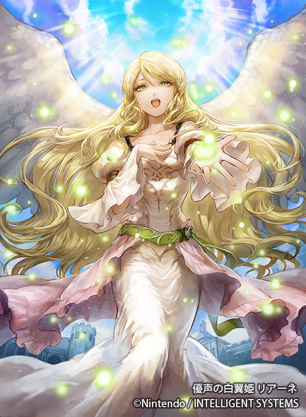 blonde_hair blue_sky clouds company_name copyright_name dress feathered_wings fire_emblem fire_emblem:_path_of_radiance fire_emblem_cipher green_eyes leanne_(fire_emblem) long_hair long_sleeves official_art open_mouth sky uroko_(mnr) white_wings wings