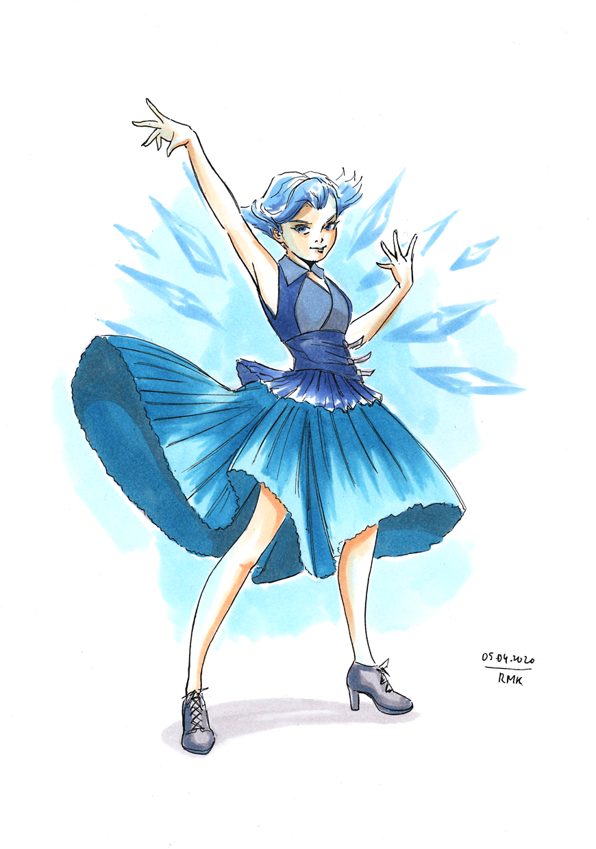 1girl blue_background blue_dress blue_eyes blue_footwear blue_hair cirno collared_dress dated dress highres ice ice_wings rumiak short_hair signature simple_background solo tagme touhou traditional_media white_background wing_collar wings