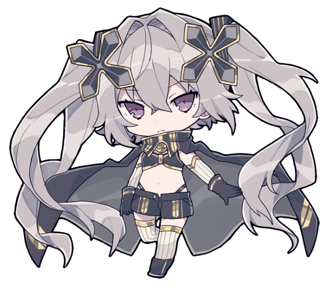 1girl artist_request chibi cross_hair_ornament gloves grey_gloves hair_ornament open_fly ribbon striped striped_ribbon violet_eyes virtual_youtuber white_sleeves x'flare x_enc'ount
