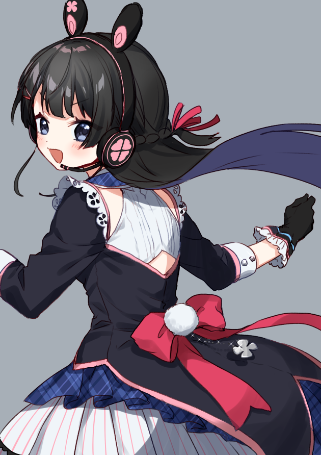 1girl :d animal_ears bangs black_gloves black_hair black_shirt blue_eyes blush bow braid bunny_ear_headphones clover commentary_request eyebrows_visible_through_hair fake_animal_ears floating_hair four-leaf_clover frilled_gloves frills gloves grey_background hair_ornament hair_ribbon hairclip headphones headset long_hair long_sleeves looking_at_viewer looking_back nijisanji open_mouth pleated_skirt ponytail rabbit_ears red_bow red_ribbon ribbon shirt simple_background skirt smile solo striped tsukino_mito v-shaped_eyebrows vertical-striped_skirt vertical_stripes very_long_hair virtual_youtuber white_skirt yamabukiiro