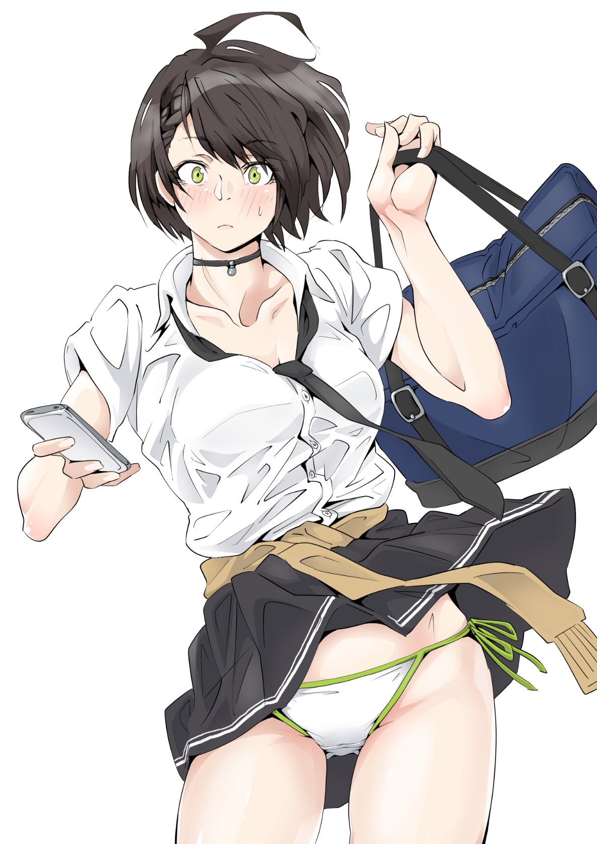 1girl ahoge azur_lane bag baltimore_(after-school_ace)_(azur_lane) baltimore_(azur_lane) black_hair black_neckwear blush breasts choker clothes_around_waist collared_shirt cowboy_shot green_eyes highres holding holding_bag holding_phone kimuwaipu large_breasts open_clothes open_shirt panties phone school_uniform shirt short_hair side-tie_panties skirt skirt_lift solo sweater_around_waist underwear white_background white_shirt