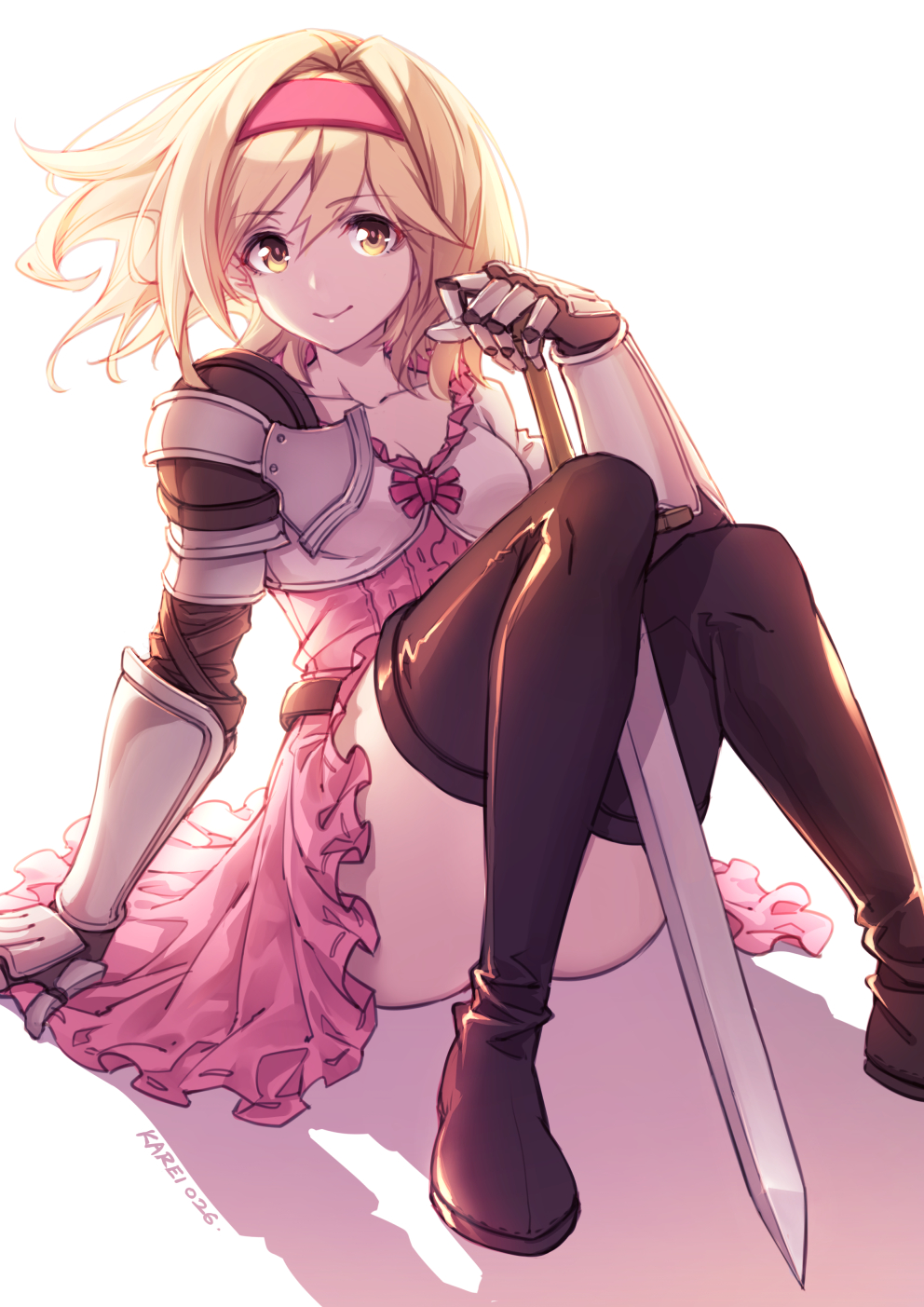 1girl arm_support armor bangs blonde_hair boots breasts brown_footwear closed_mouth collarbone commentary curry_bowl djeeta_(granblue_fantasy) dress eyebrows_visible_through_hair fighter_(granblue_fantasy) gauntlets granblue_fantasy hairband highres holding lips long_hair looking_at_viewer medium_breasts pink_dress shadow shiny shiny_clothes short_dress signature simple_background sitting smile sword thigh-highs thigh_boots thighs weapon white_background yellow_eyes