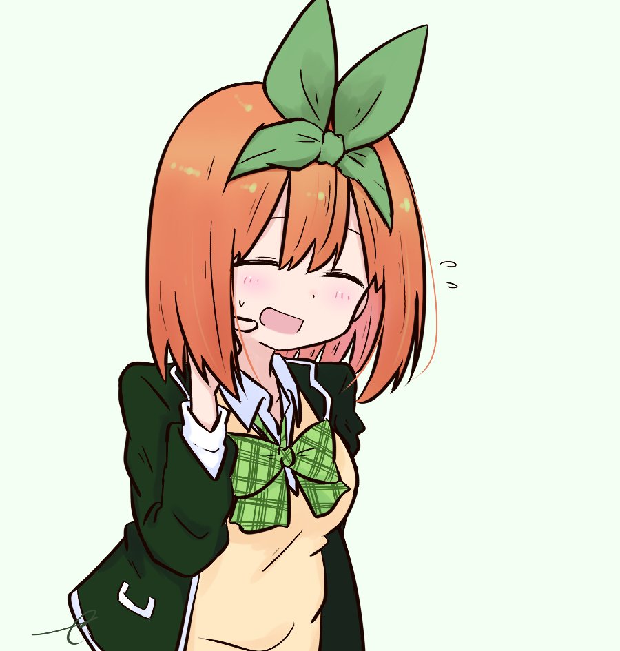 1girl :d bangs blush bow breasts closed_eyes collared_shirt commentary_request eyebrows_behind_hair flying_sweatdrops go-toubun_no_hanayome green_background green_bow green_jacket green_ribbon hair_between_eyes hair_ribbon hand_up jacket kujou_karasuma long_sleeves medium_breasts nakano_yotsuba open_clothes open_jacket open_mouth orange_hair ribbon scratching_cheek shirt signature simple_background smile solo sweat sweater_vest upper_body white_shirt