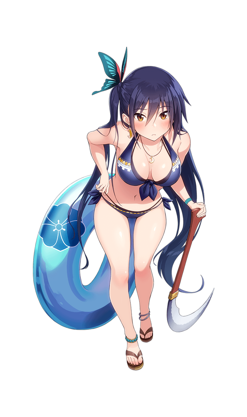 1girl anklet bikini black_hair blush butterfly_hair_ornament crescent crescent_earrings earrings front-tie_top full_body hair_ornament highres holding holding_weapon innertube jewelry layered_bikini leaning_forward long_hair moon_necklace naginata navel official_art one_side_up orange_eyes polearm sandals shirohime_quest side-tie_bikini solo strap_pull swimsuit transparent_background very_long_hair weapon wristband