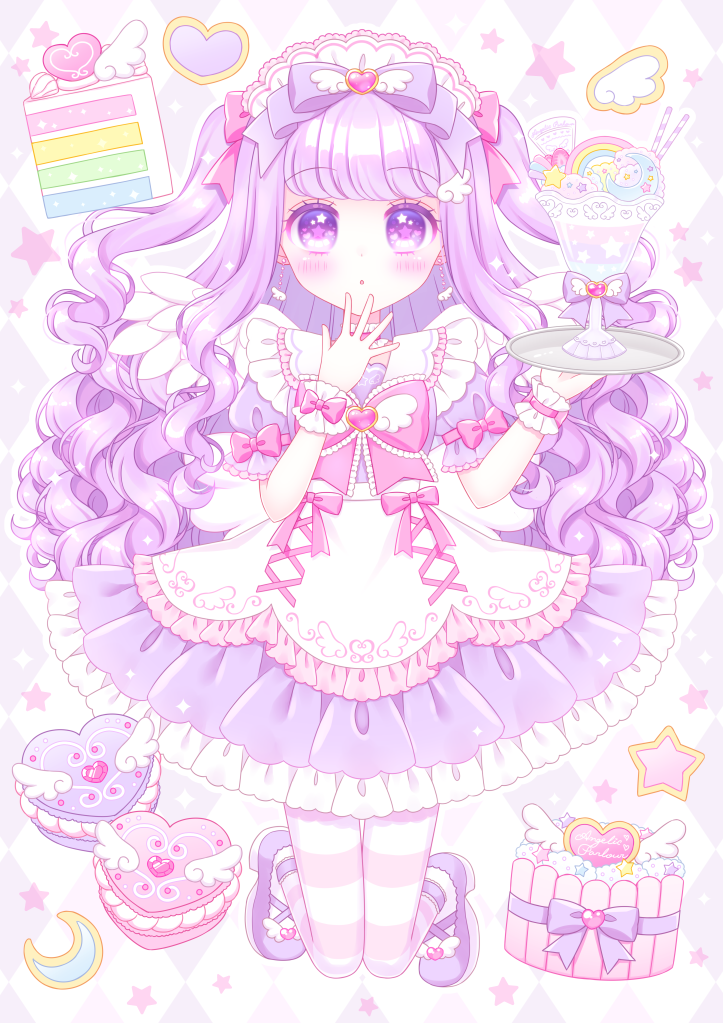 1girl :o apron argyle argyle_background bangs blush bow cake commentary_request crescent dress eyebrows_visible_through_hair food frilled_dress frilled_sailor_collar frills full_body hair_bow hand_to_own_mouth hand_up heart himetsuki_luna holding holding_tray kneeling long_hair looking_at_viewer original pantyhose parfait parted_lips pink_bow pleated_dress puffy_short_sleeves puffy_sleeves purple_bow purple_dress purple_footwear purple_hair rainbow sailor_collar sailor_dress shoes short_sleeves slice_of_cake solo striped striped_legwear tray two_side_up very_long_hair violet_eyes waist_apron white_apron white_sailor_collar wrist_cuffs